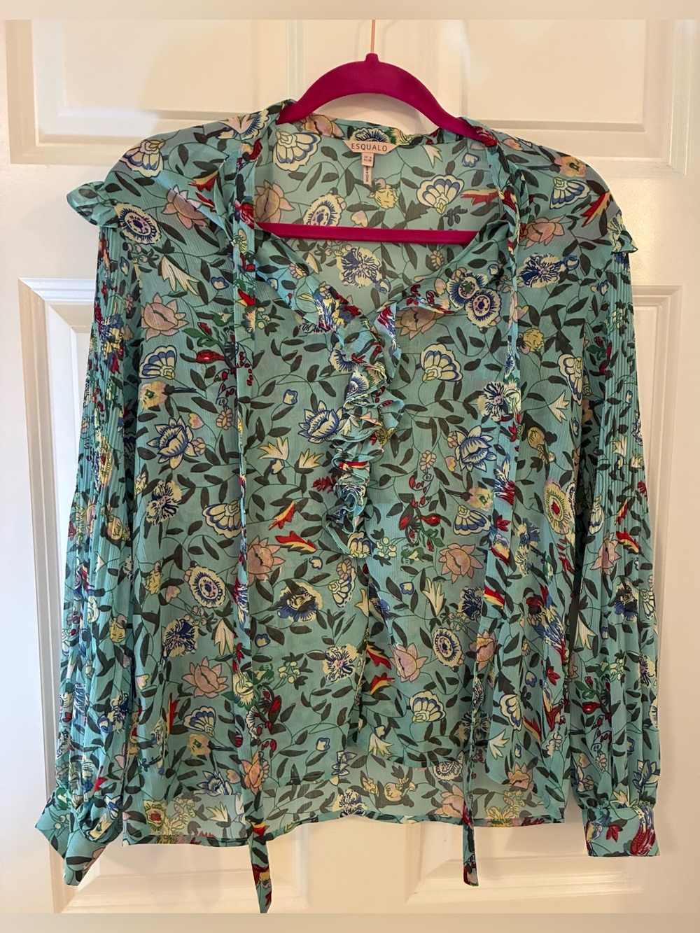 ESQUALO Floral Tie-Neck Long Sleeve Blouse Turquoise Aqua Floral 6